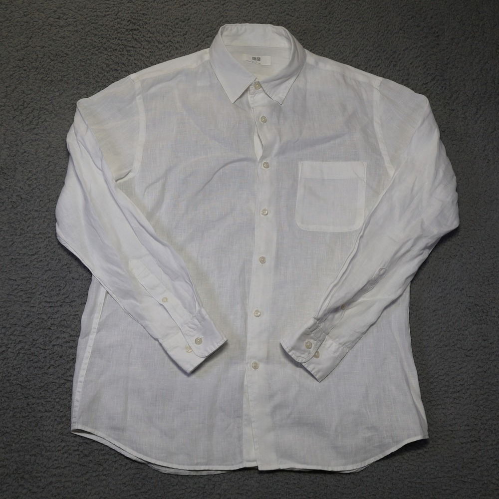 Uniqlo Premium Linen Shirt Mens Large White Long Sleeve Button Down 331-404406